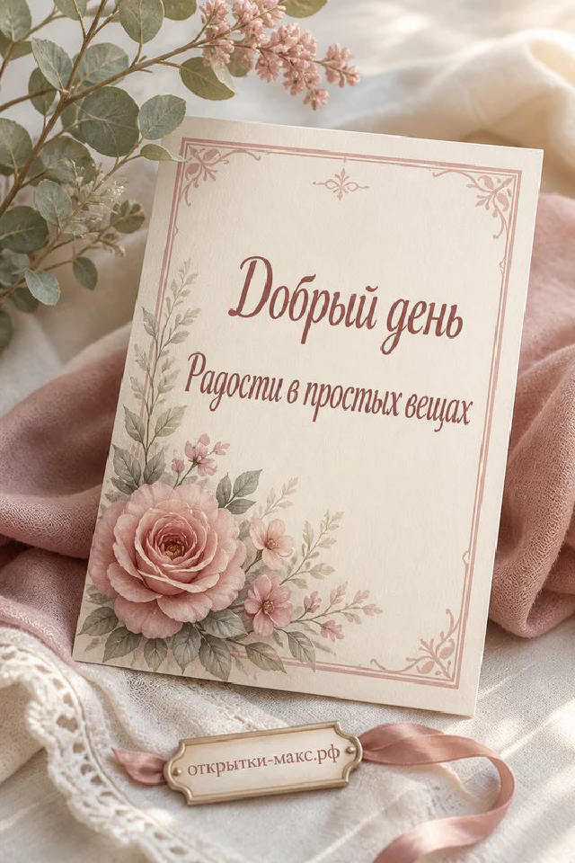 Открытка добрый день с акварельным балконом, цветами и чашкой кофе — вариант 3