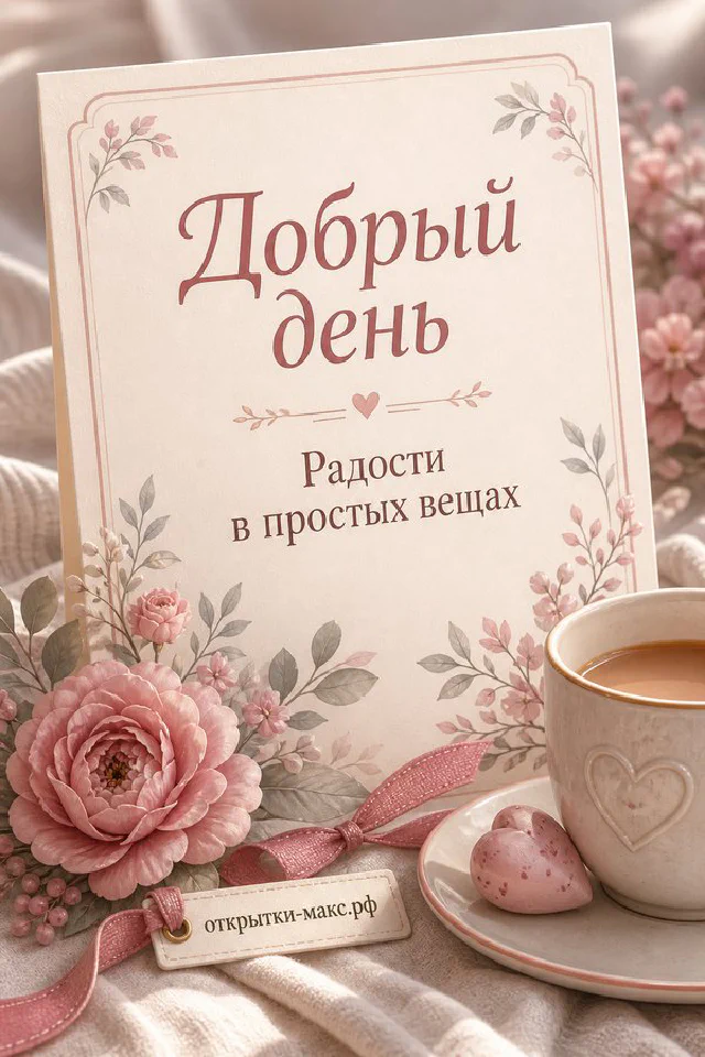 Открытка добрый день с акварельным балконом, цветами и чашкой кофе — вариант 6
