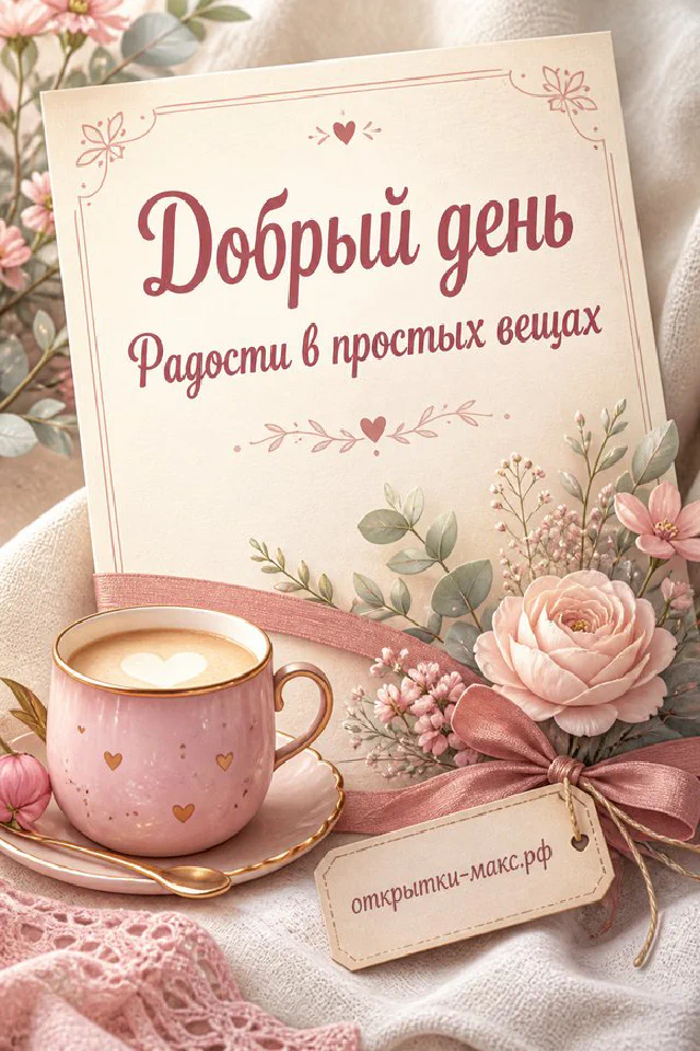 Открытка добрый день с акварельным балконом, цветами и чашкой кофе — вариант 8