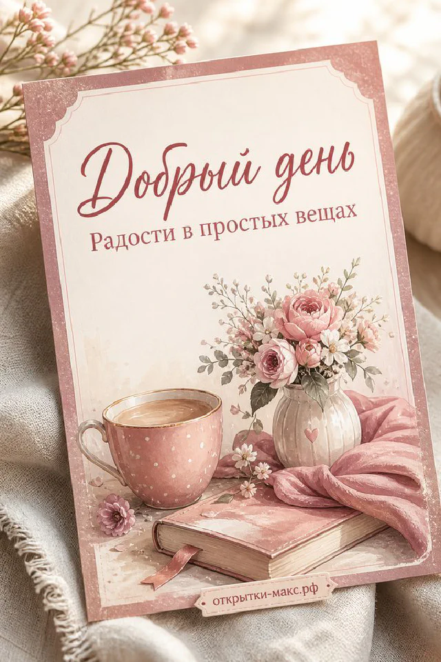 Открытка добрый день с акварельным балконом, цветами и чашкой кофе — вариант 5