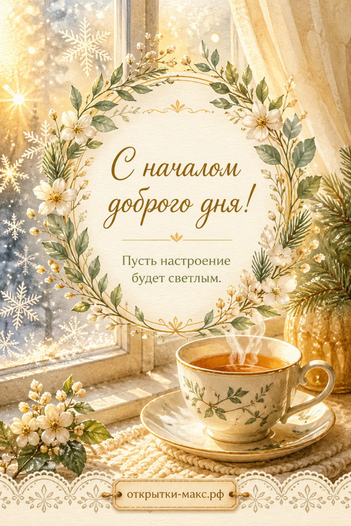 Чашка горячего чая у заснеженного окна в венке из белых цветов с надписью «С началом доброго дня»