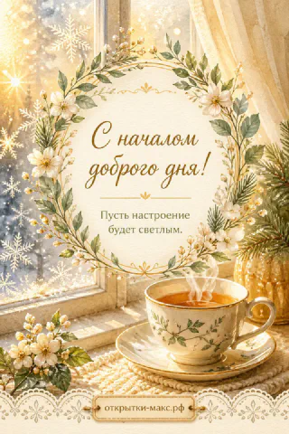 Чашка горячего чая у заснеженного окна в венке из белых цветов с надписью «С началом доброго дня»