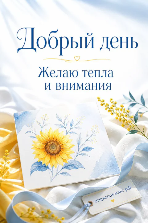 Акварельный подсолнух на бумажной карточке с мимозой и голубой лентой на белом фоне