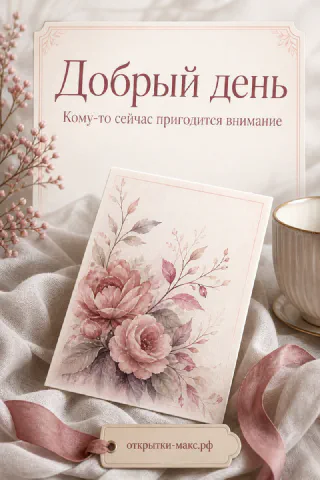 Акварельная открытка с розовой розой и лепестками лежит рядом с белой фарфоровой чашкой на льняной ткани