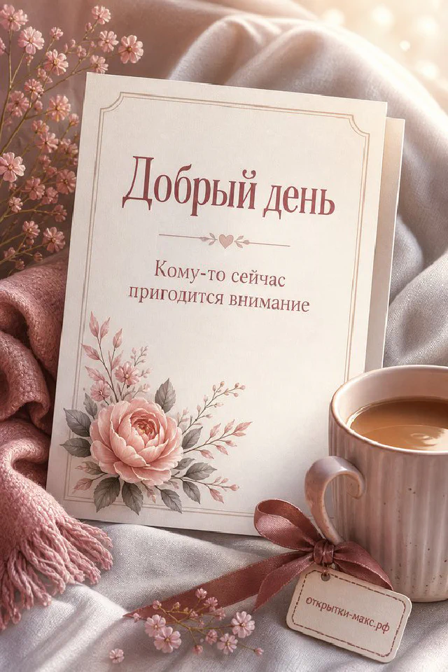 Акварельная открытка с розовой розой и лепестками лежит рядом с белой фарфоровой чашкой на льняной ткани — вариант 2