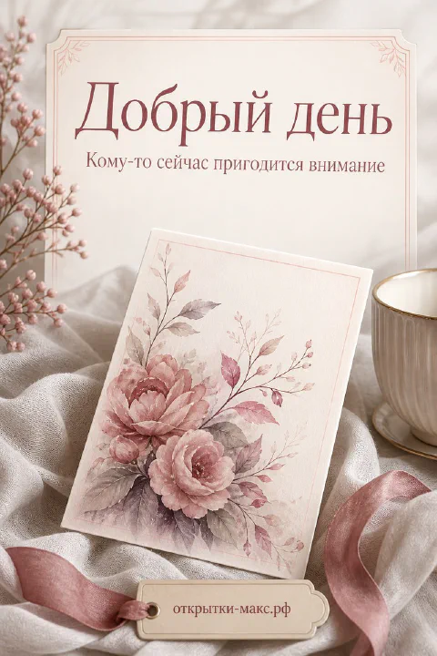 Акварельная открытка с розовой розой и лепестками лежит рядом с белой фарфоровой чашкой на льняной ткани
