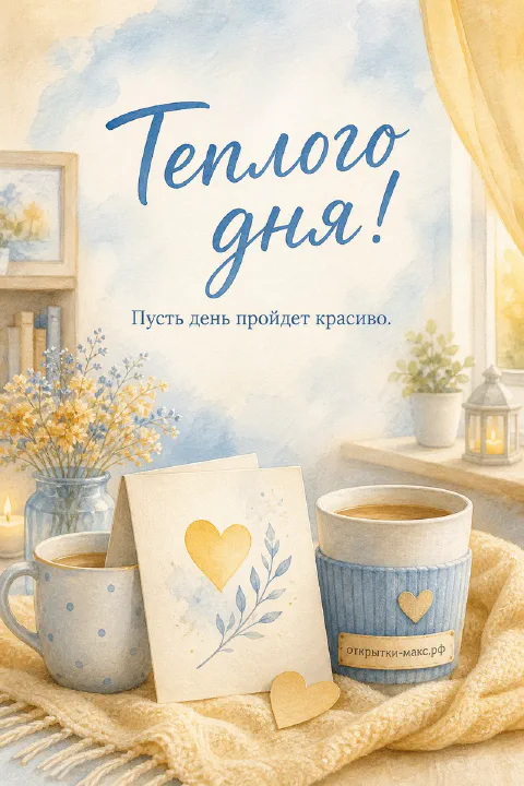 Акварельная открытка с двумя голубыми кружками кофе, свечой и маленькой открыткой с сердечком у окна