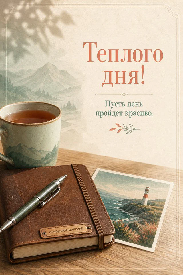 Акварельная открытка с двумя голубыми кружками кофе, свечой и маленькой открыткой с сердечком у окна — вариант 2