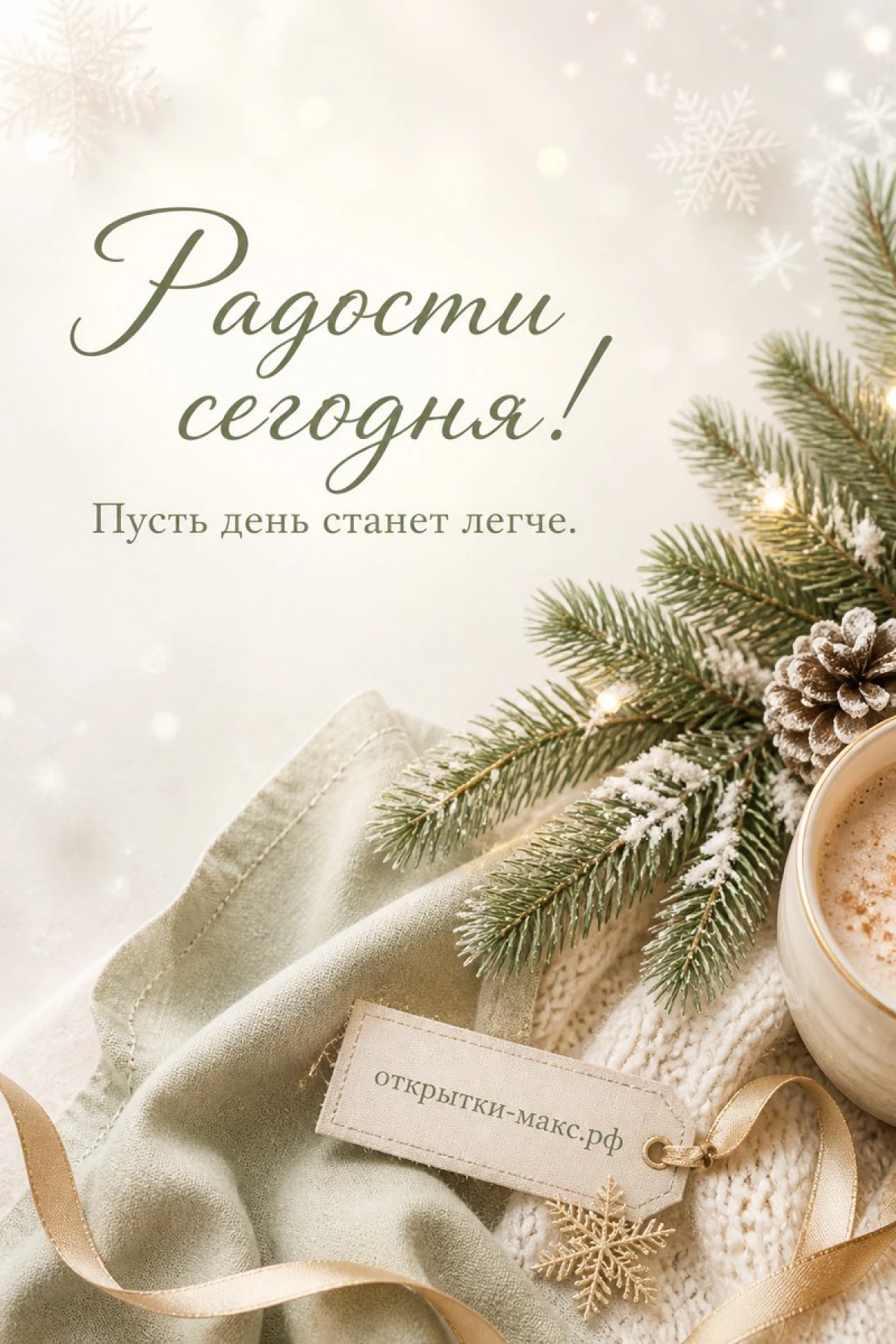 Кружка капучино рядом с еловыми ветками, шишками и снежинками с надписью «Радости сегодня»