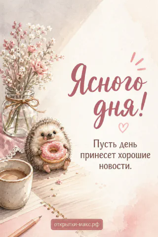 Акварельный ёжик с пончиком рядом с вазой цветов и чашкой кофе, надпись Ясного дня