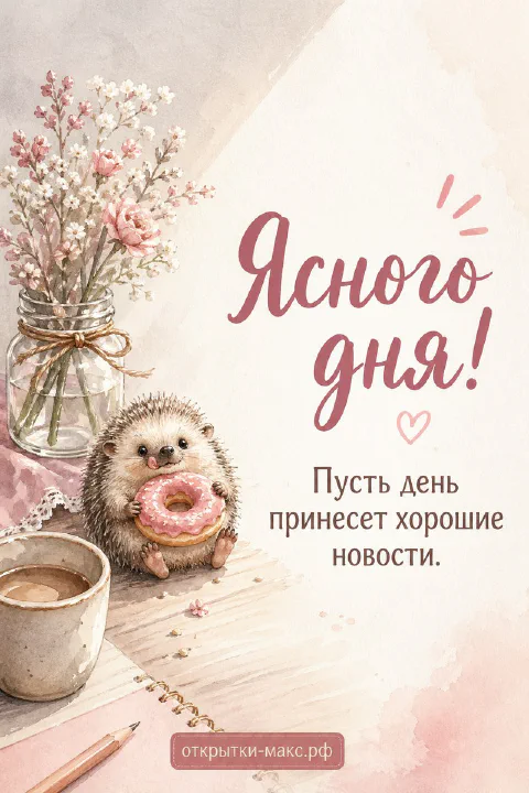 Акварельный ёжик с пончиком рядом с вазой цветов и чашкой кофе, надпись Ясного дня