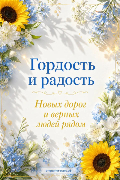 Букет с подсолнухами, синими и белыми цветами в золотой рамке с надписью «Гордость и радость»