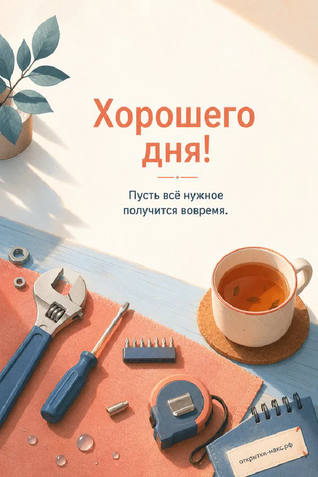 Стопка блинов с ягодами и кофейной кружкой на пастельном фоне с солнцем и облаками и надписью Хорошего дня — вариант 3
