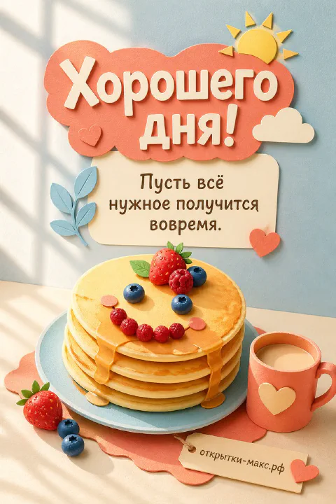 Стопка блинов с ягодами и кофейной кружкой на пастельном фоне с солнцем и облаками и надписью Хорошего дня