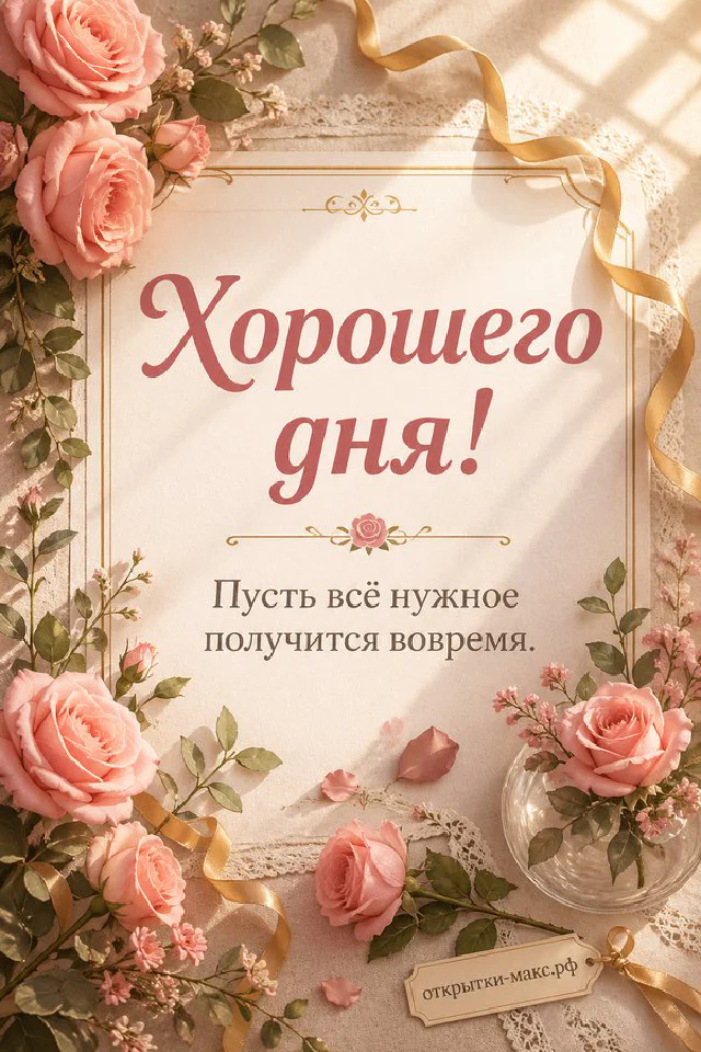 Стопка блинов с ягодами и кофейной кружкой на пастельном фоне с солнцем и облаками и надписью Хорошего дня — вариант 2