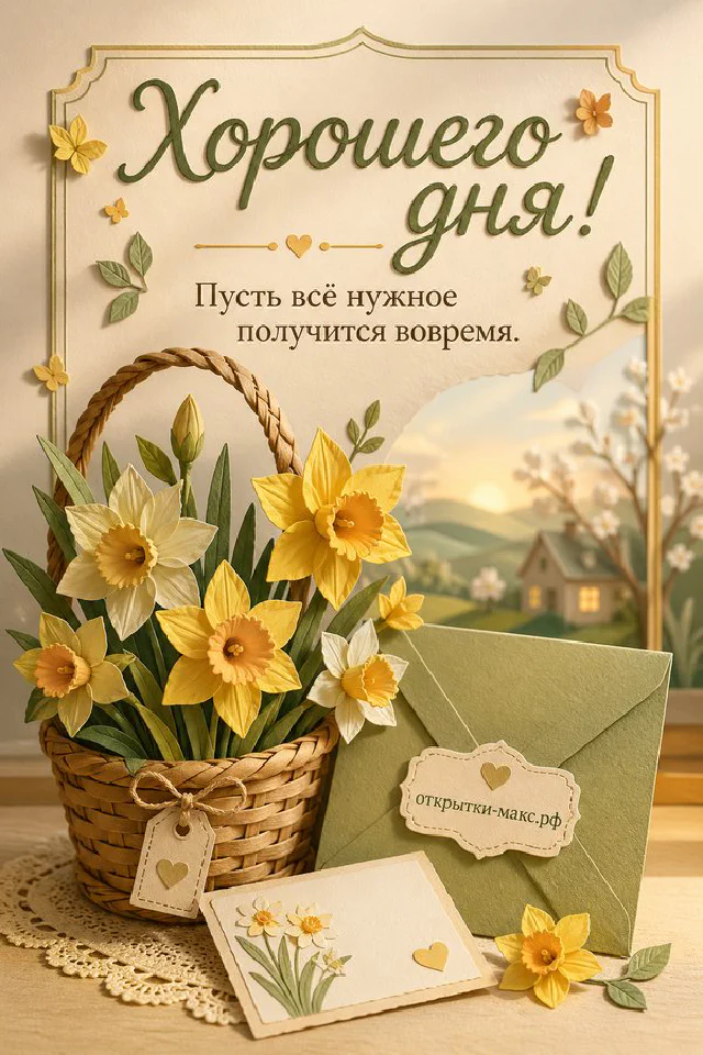 Стопка блинов с ягодами и кофейной кружкой на пастельном фоне с солнцем и облаками и надписью Хорошего дня — вариант 4