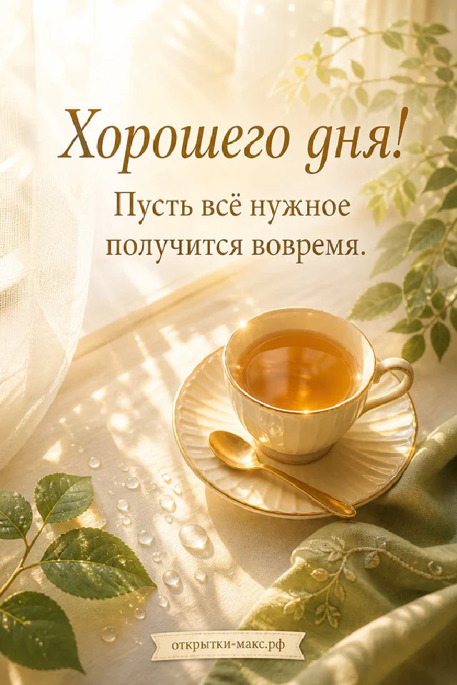 Стопка блинов с ягодами и кофейной кружкой на пастельном фоне с солнцем и облаками и надписью Хорошего дня — вариант 5