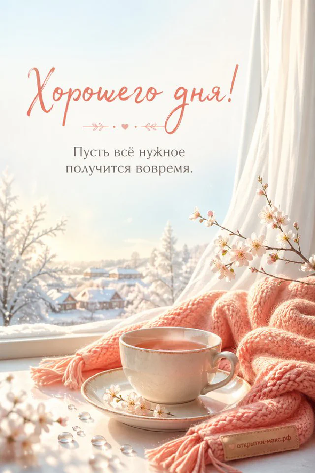 Стопка блинов с ягодами и кофейной кружкой на пастельном фоне с солнцем и облаками и надписью Хорошего дня — вариант 6