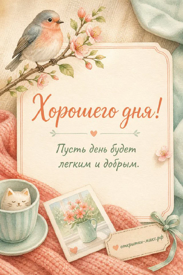 Акварельная сцена: ваза с розовыми пионами и кружка кофе на столе у окна с видом на город и надписью Хорошего дня — вариант 3