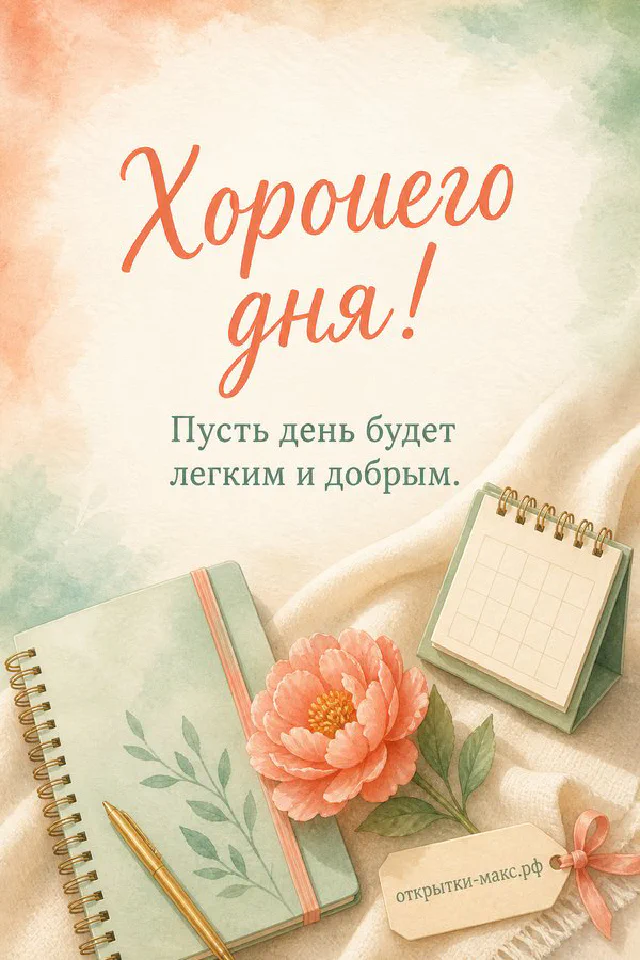 Акварельная сцена: ваза с розовыми пионами и кружка кофе на столе у окна с видом на город и надписью Хорошего дня — вариант 2