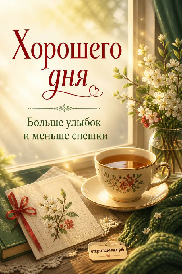 Чашка чая с цветами на подоконнике, рядом акварельная открытка с деревенским пейзажем — вариант 2