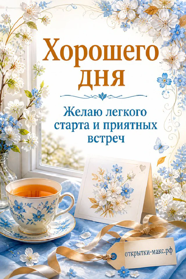 Фарфоровая чашка чая и ваза с белыми цветами у окна с надписью Хорошего дня — вариант 2