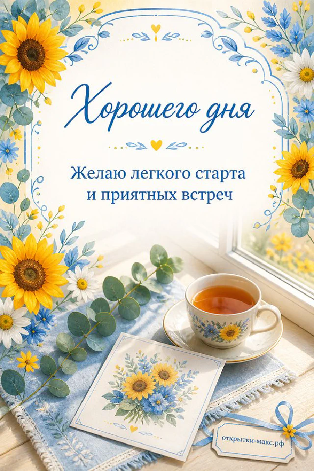 Фарфоровая чашка чая и ваза с белыми цветами у окна с надписью Хорошего дня — вариант 3