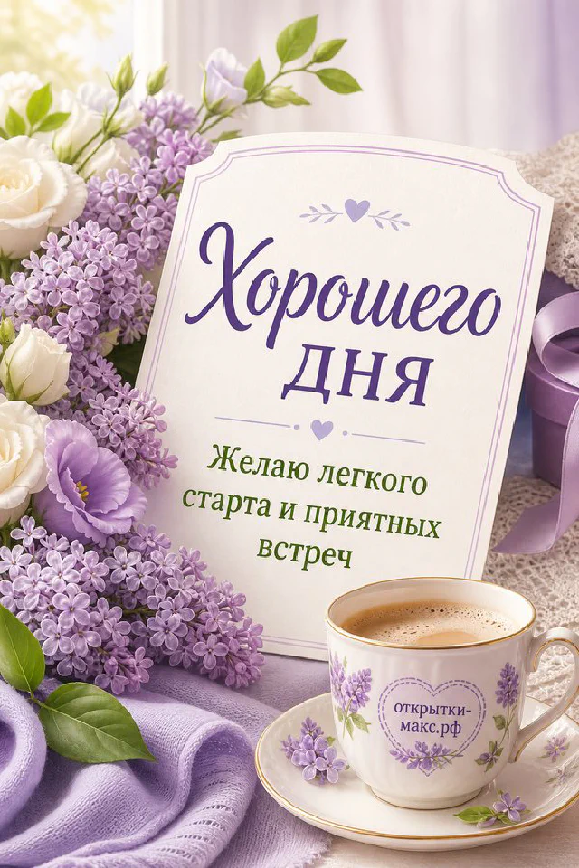 Фарфоровая чашка чая и ваза с белыми цветами у окна с надписью Хорошего дня — вариант 5