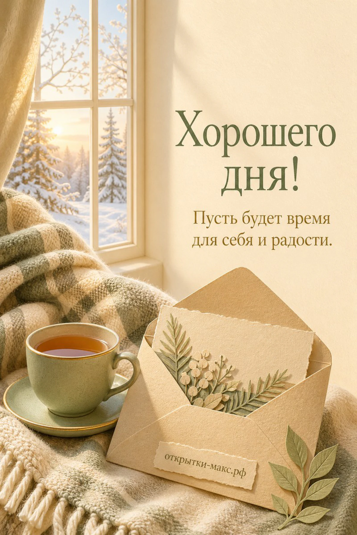 Открытка хорошего дня с чашкой чая и конвертом у заснеженного окна