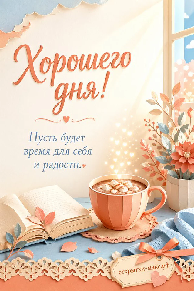 Открытка хорошего дня с чашкой чая и конвертом у заснеженного окна — вариант 2