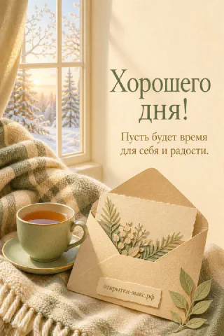 Открытка хорошего дня с чашкой чая и конвертом у заснеженного окна