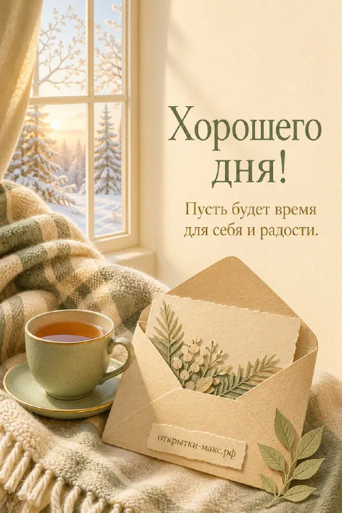 Открытка хорошего дня с чашкой чая и конвертом у заснеженного окна