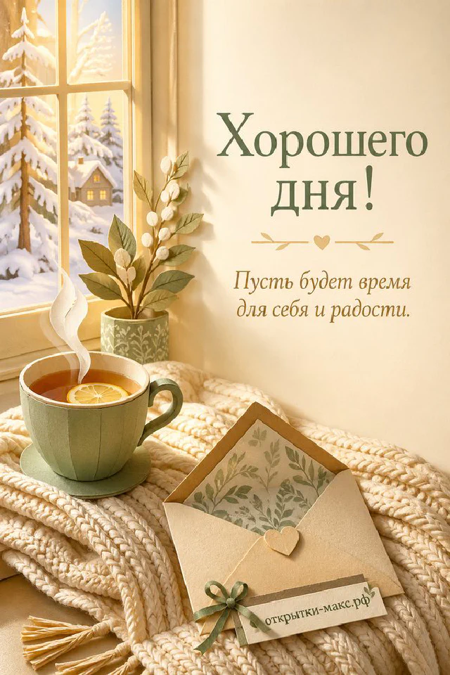 Открытка хорошего дня с чашкой чая и конвертом у заснеженного окна — вариант 3