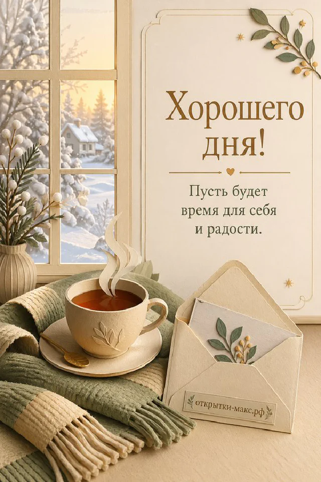 Открытка хорошего дня с чашкой чая и конвертом у заснеженного окна — вариант 4