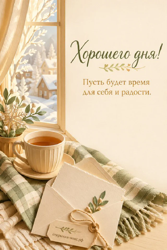 Открытка хорошего дня с чашкой чая и конвертом у заснеженного окна — вариант 7
