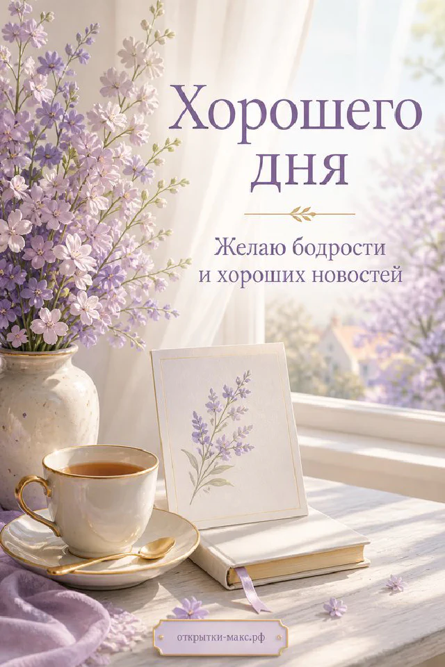 Открытка хорошего дня с белой чашкой чая, фиолетовой сиренью в вазе и белой карточкой у светлого окна — вариант 3