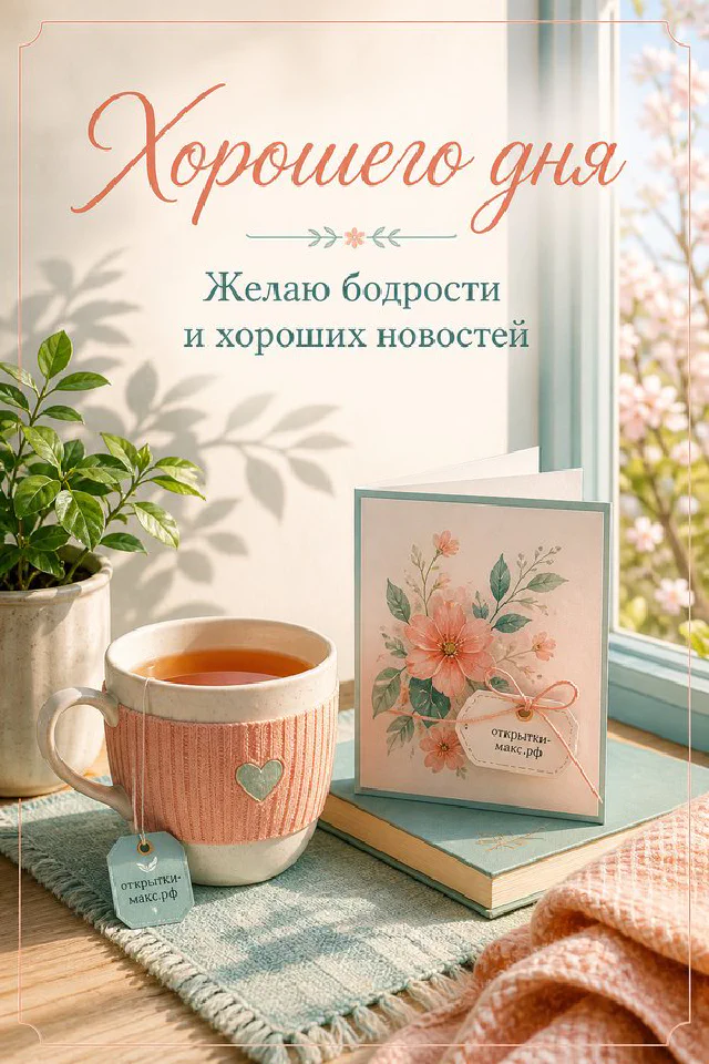 Открытка хорошего дня с белой чашкой чая, фиолетовой сиренью в вазе и белой карточкой у светлого окна — вариант 5
