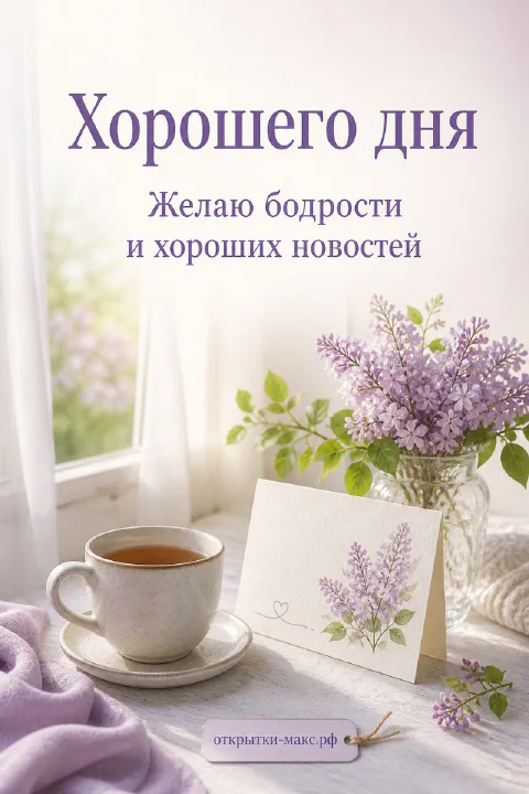 Открытка хорошего дня с белой чашкой чая, фиолетовой сиренью в вазе и белой карточкой у светлого окна