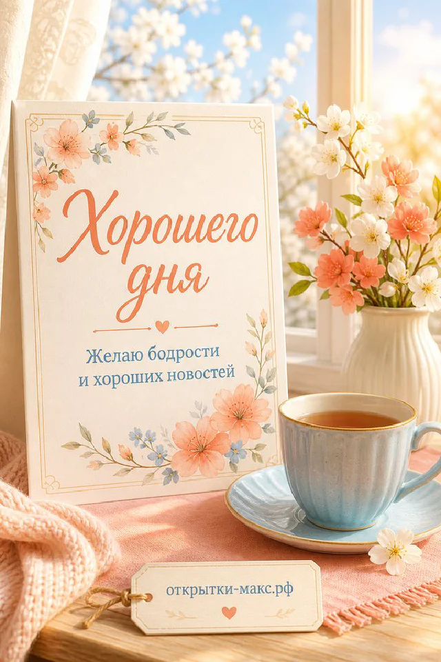 Открытка хорошего дня с белой чашкой чая, фиолетовой сиренью в вазе и белой карточкой у светлого окна — вариант 2
