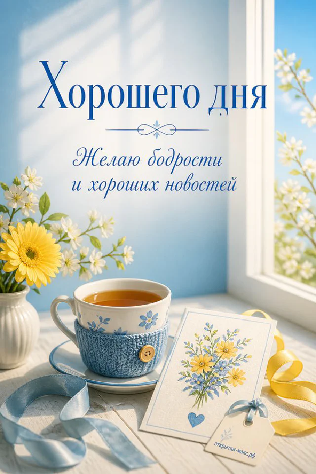 Открытка хорошего дня с белой чашкой чая, фиолетовой сиренью в вазе и белой карточкой у светлого окна — вариант 4