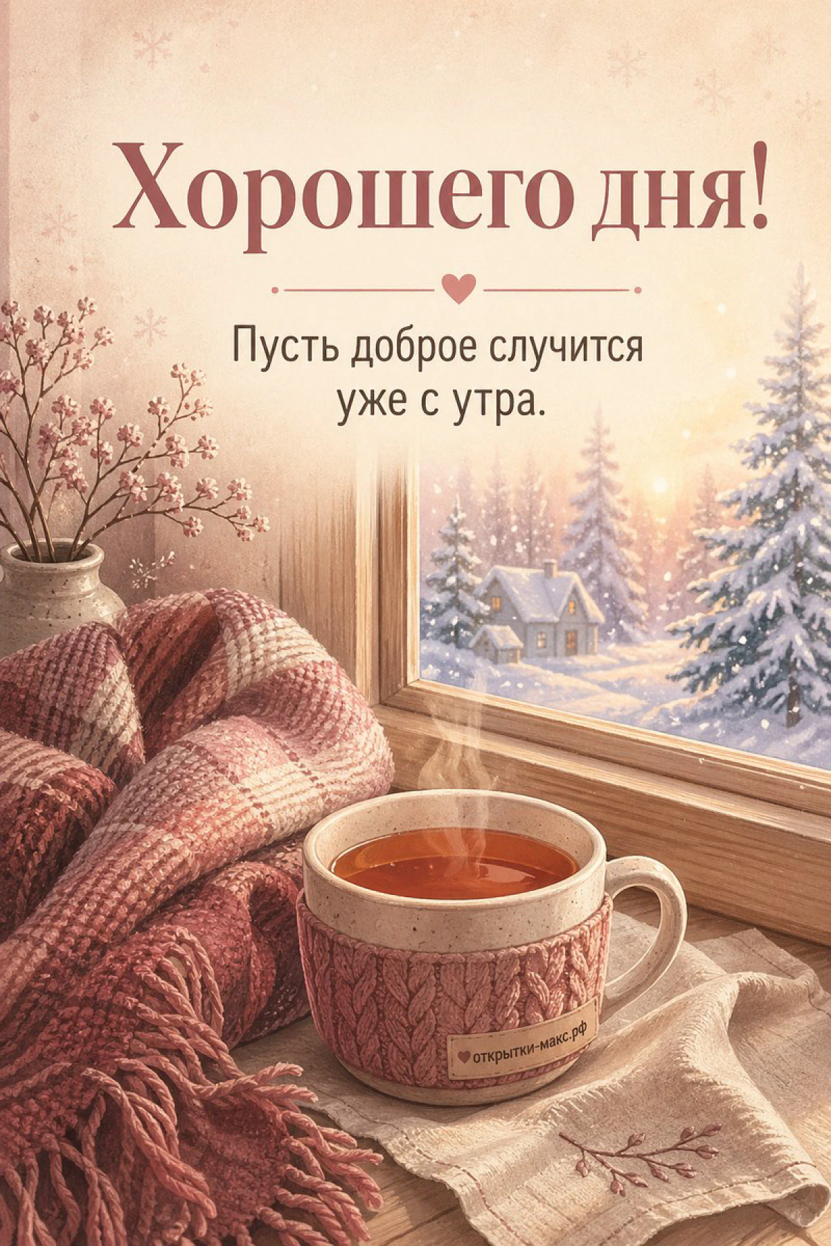 Горячий чай в вязаной кружке на фоне зимнего окна со снежным лесом и домиком, надпись «Хорошего дня»