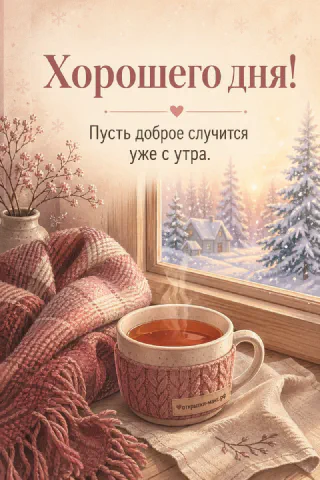 Горячий чай в вязаной кружке на фоне зимнего окна со снежным лесом и домиком, надпись «Хорошего дня»