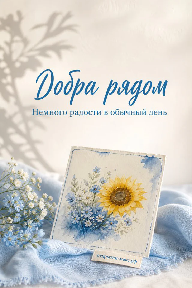 Открытка «Добра рядом» с подсолнухами лежит на голубой льняной ткани рядом с живыми подсолнухами и ромашками — вариант 5