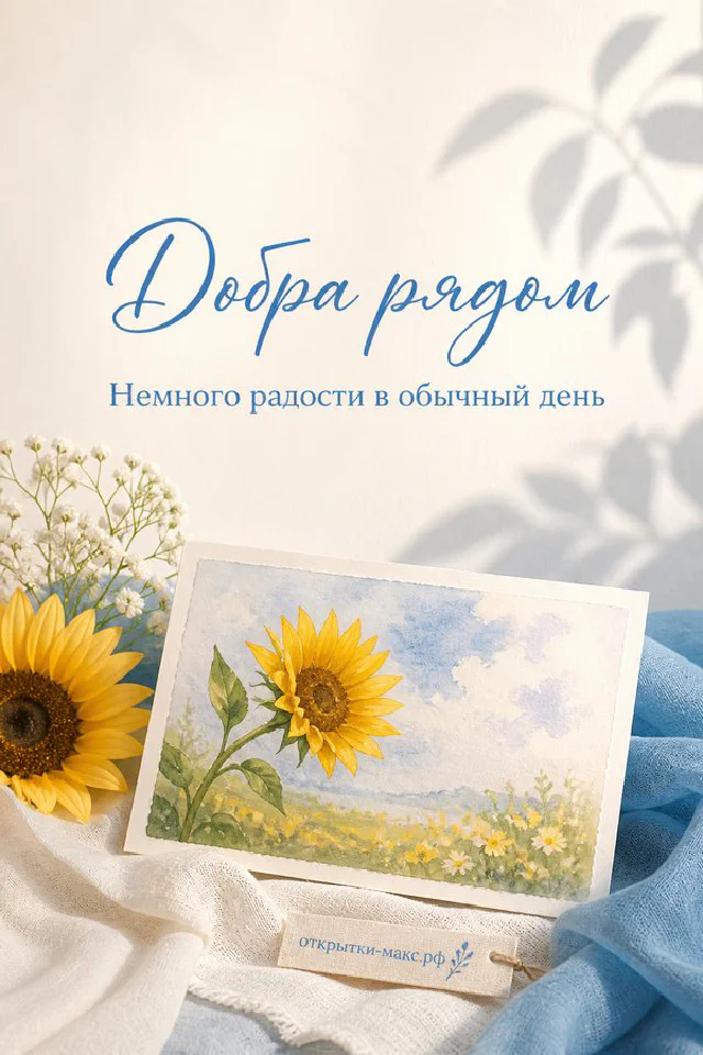 Открытка «Добра рядом» с подсолнухами лежит на голубой льняной ткани рядом с живыми подсолнухами и ромашками — вариант 6