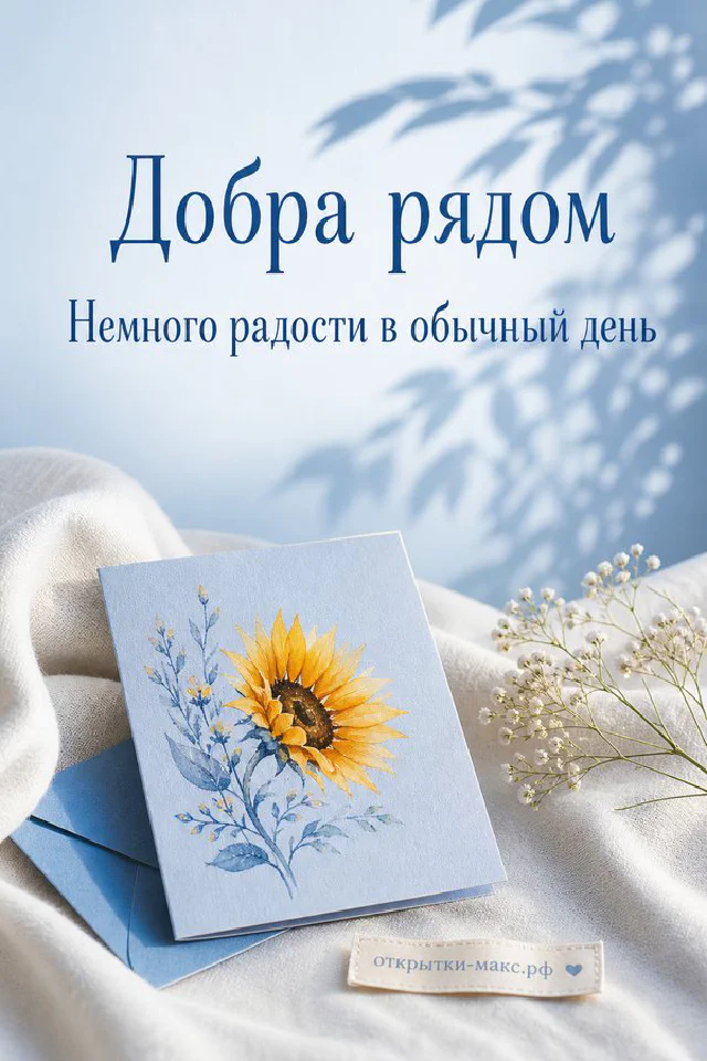 Открытка «Добра рядом» с подсолнухами лежит на голубой льняной ткани рядом с живыми подсолнухами и ромашками — вариант 8