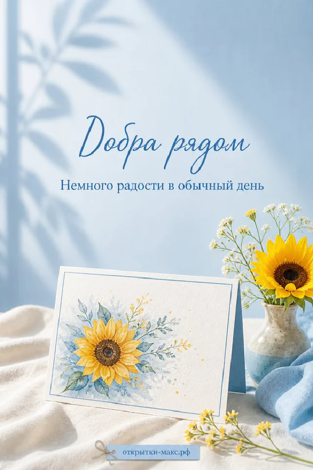 Открытка «Добра рядом» с подсолнухами лежит на голубой льняной ткани рядом с живыми подсолнухами и ромашками — вариант 4