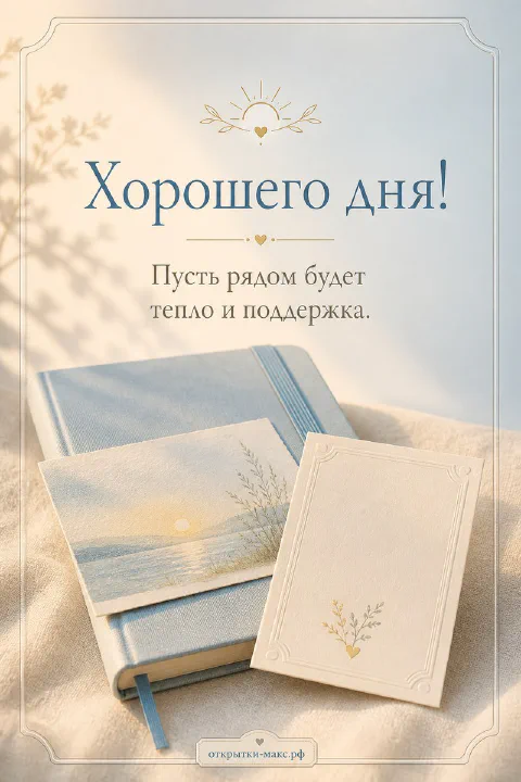 Открытка хорошего дня с двумя ежедневниками на песке — голубым с морским пейзажем и белым с цветком