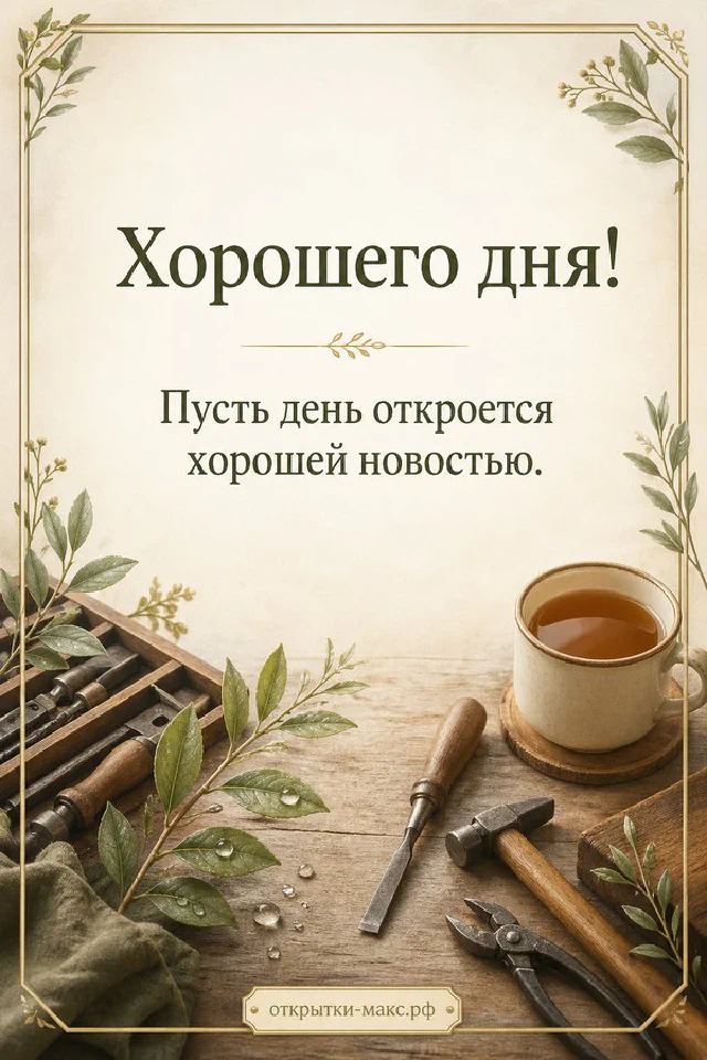 Горшок с голубой геранью на белом балконе с перилами в технике бумажного арта с надписью Хорошего дня — вариант 6