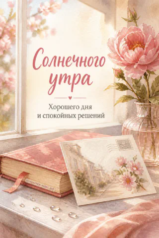 Акварельная сцена: розовая книга, ваза с пионом и открытка с видом города на подоконнике у весеннего окна