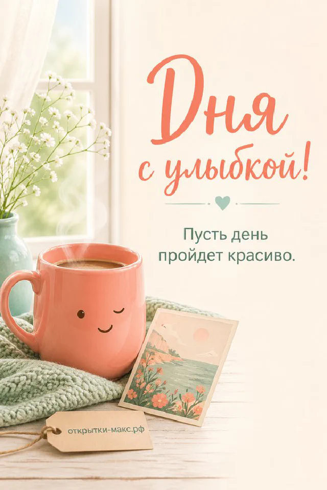 Открытая книга с очками и чашкой кофе рядом с розовым пледом и вазой с сухими цветами — открытка с пожеланием хорошего дня — вариант 5